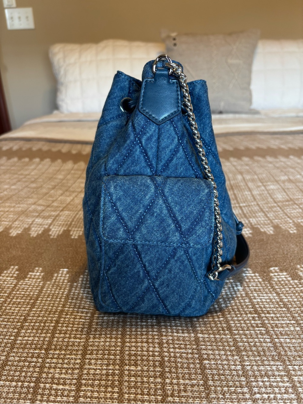 Tory Burch Charlie Quilted Denim Drawstring Bag - Picture 3 of 6